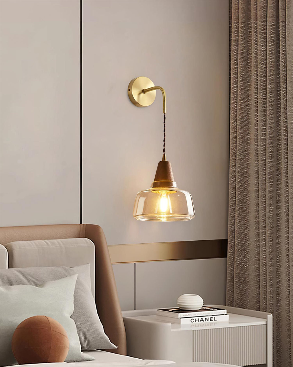 Wall Lamp Amber Glass Shade Tapered Walnut Accent Soft Glow Modern-Neutral Decor
