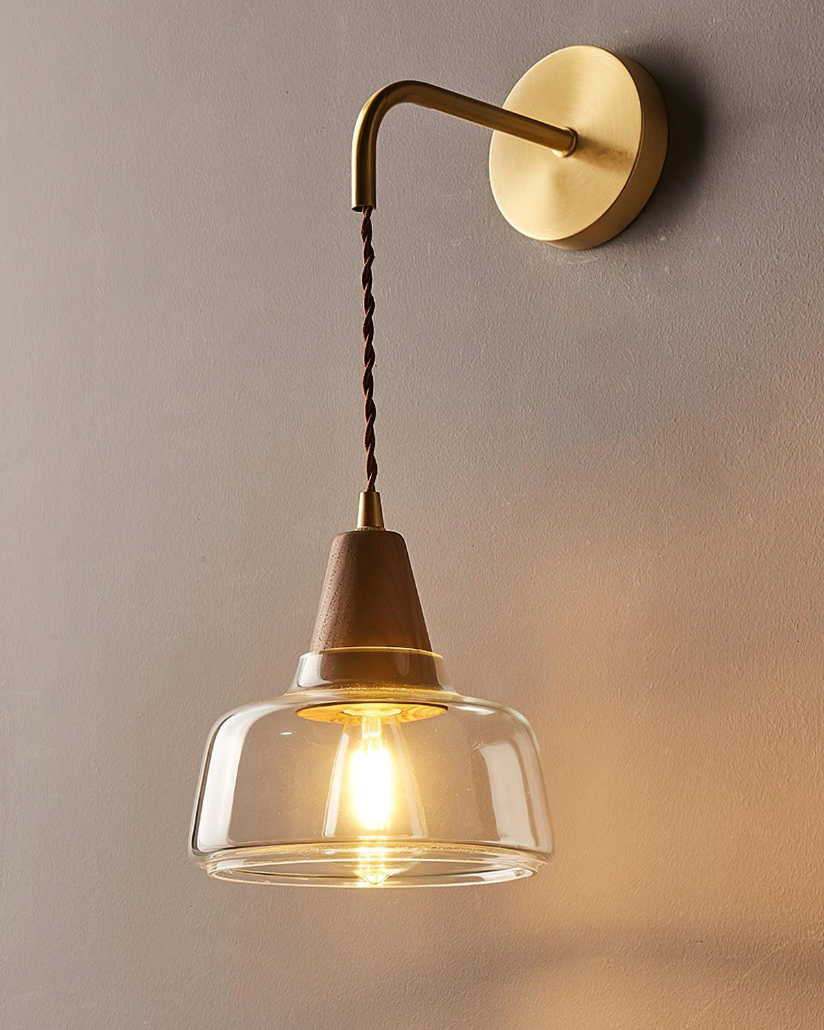 Wall Lamp Amber Glass Shade Tapered Walnut Accent Soft Glow Modern-Neutral Decor