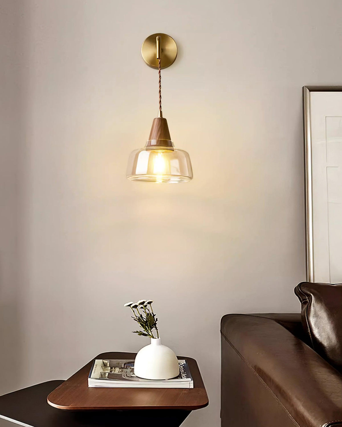 Wall Lamp Amber Glass Shade Tapered Walnut Accent Soft Glow Modern-Neutral Decor