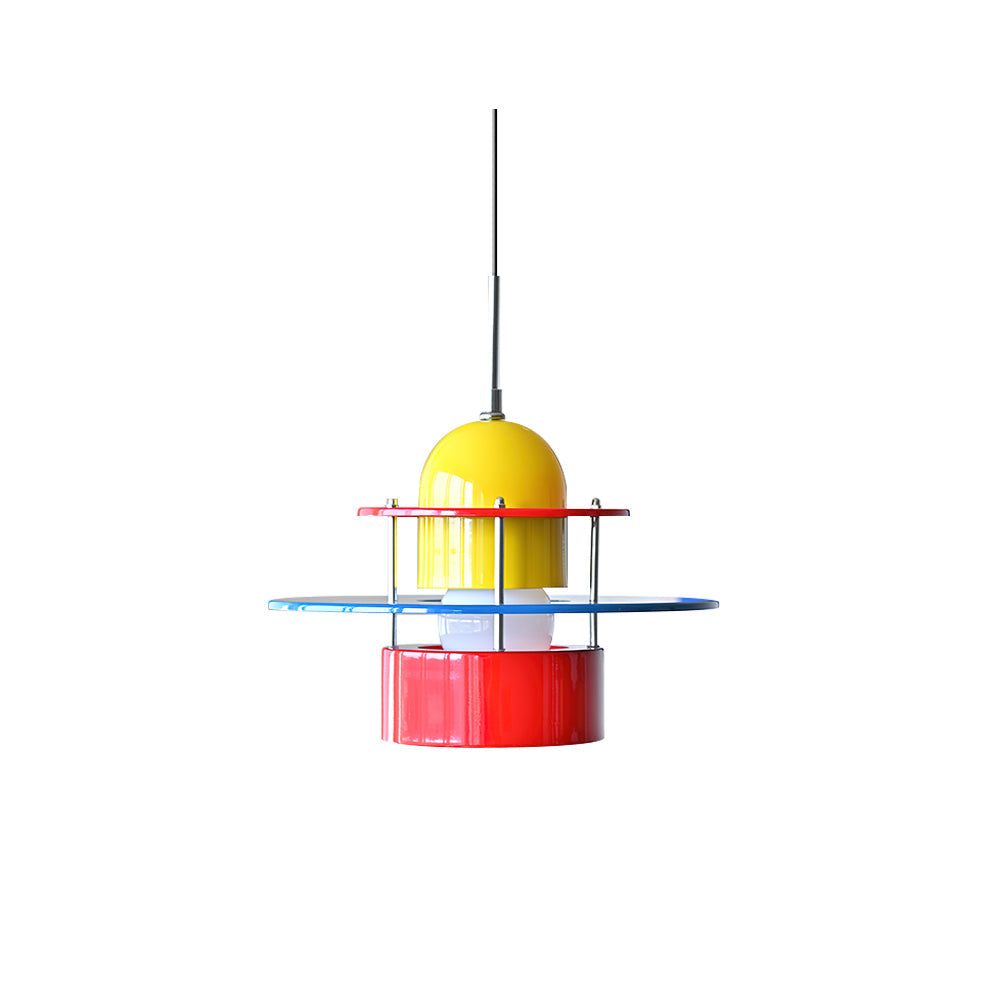 Rolly Pendant Light with yellow, red, and blue geometric metal shapes.