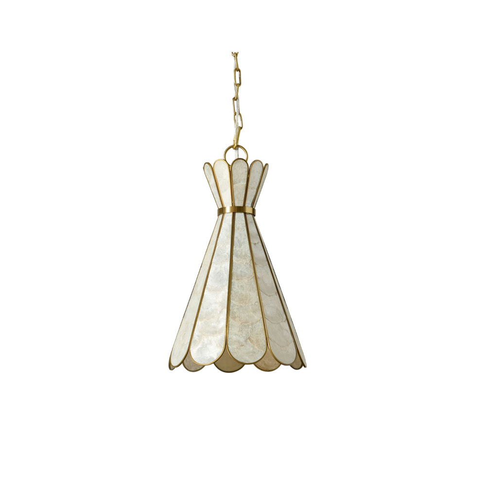 Rosalind Capiz Petal Pendant Lamp hanging in a stylish room.