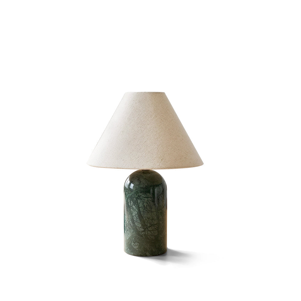 Sacha Marble Table Lamp with a grey base and white shade on a neutral background.