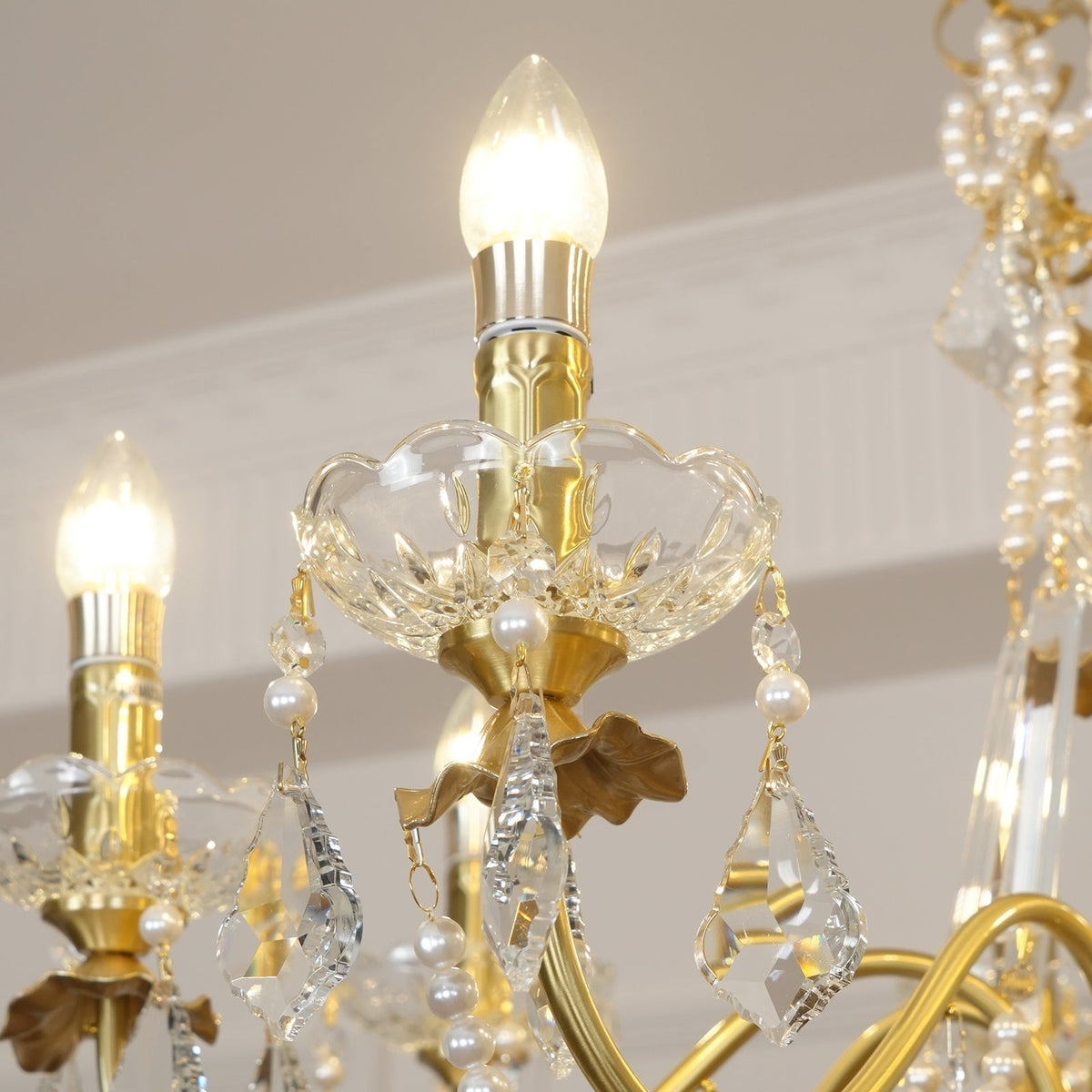 Chandelier Brass Body Crystal Pearl Drops Vintage Elegance-Neutral Decor