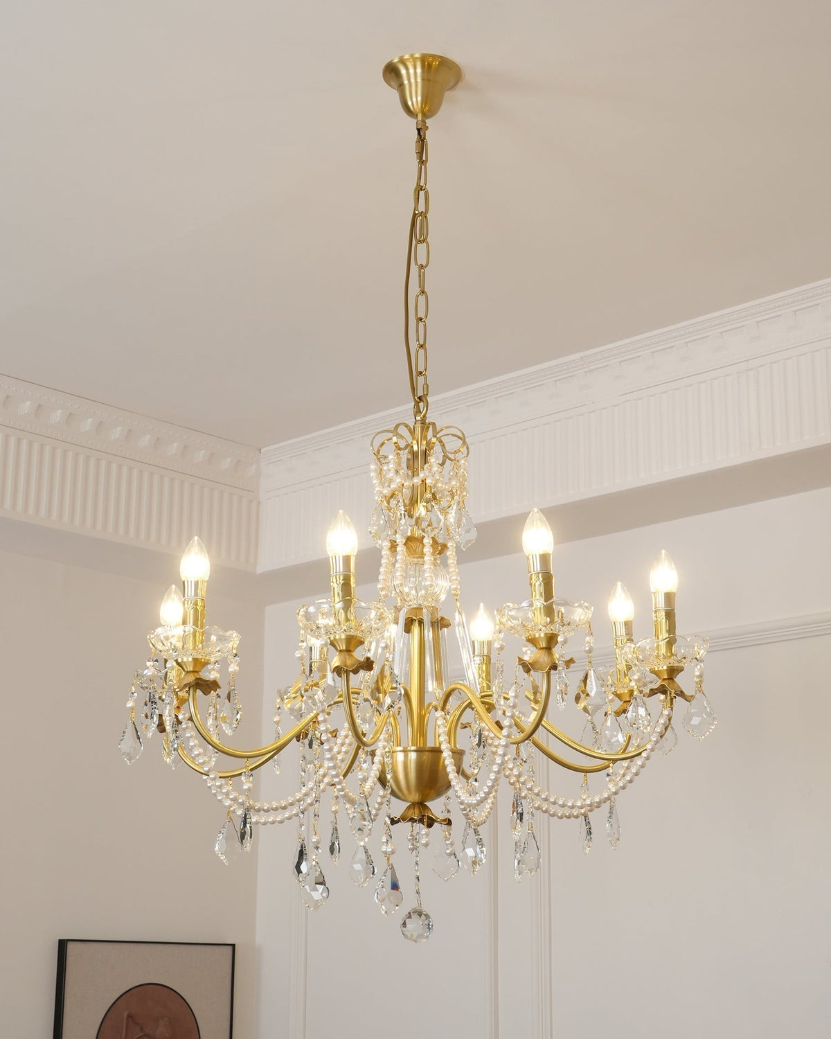 Chandelier Brass Body Crystal Pearl Drops Vintage Elegance-Neutral Decor