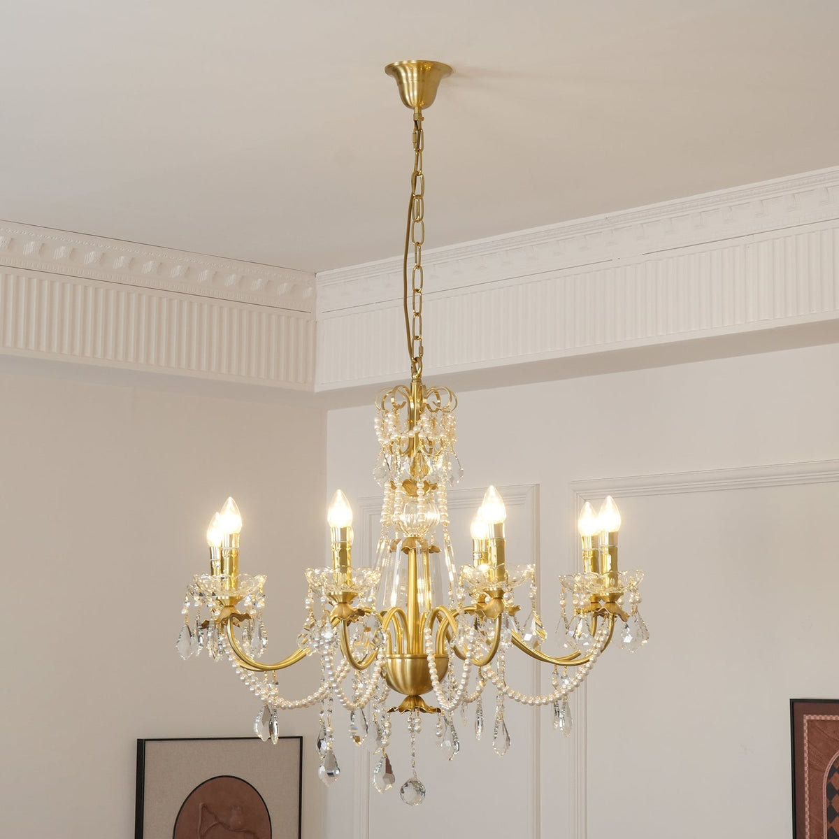 Chandelier Brass Body Crystal Pearl Drops Vintage Elegance-Neutral Decor