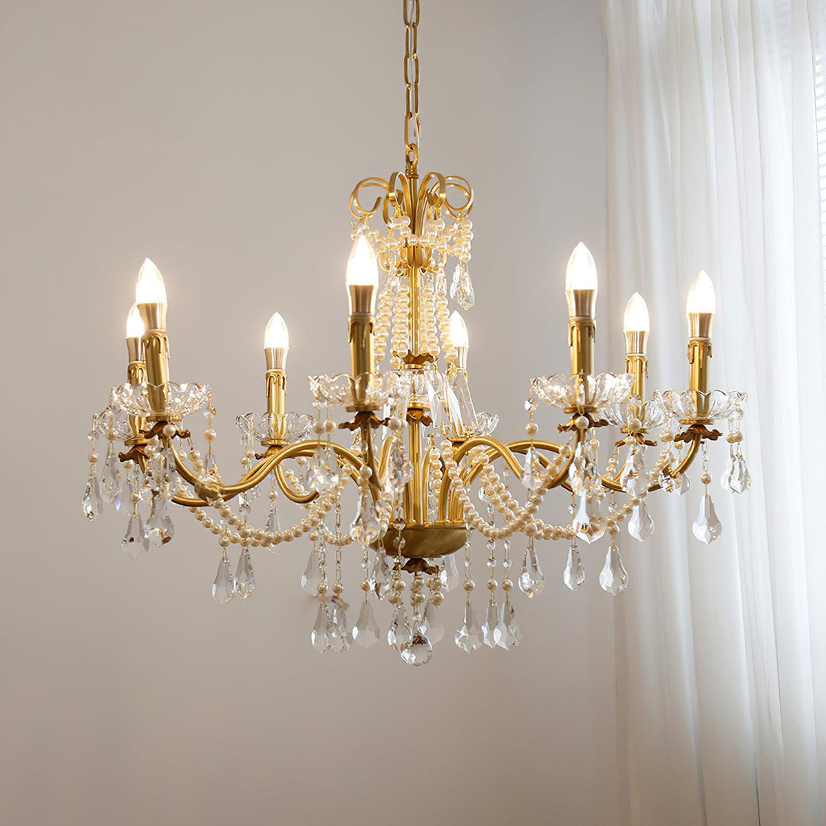 Chandelier Brass Body Crystal Pearl Drops Vintage Elegance-Neutral Decor