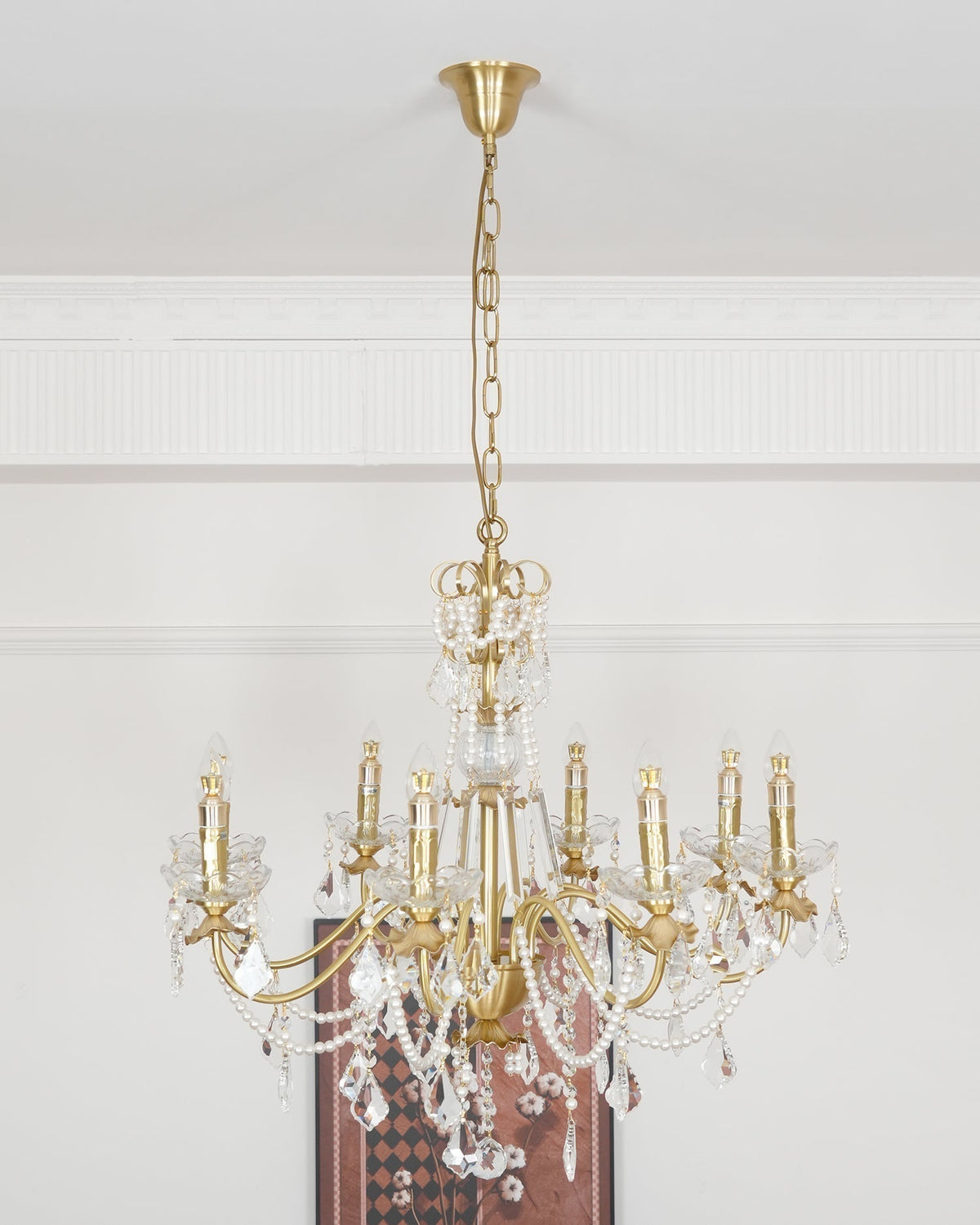 Chandelier Brass Body Crystal Pearl Drops Vintage Elegance-Neutral Decor