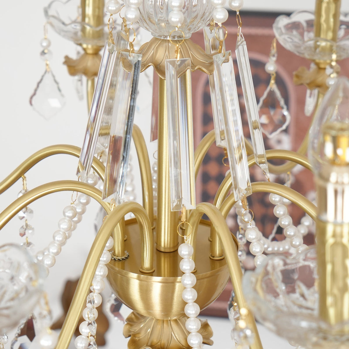 Chandelier Brass Body Crystal Pearl Drops Vintage Elegance-Neutral Decor