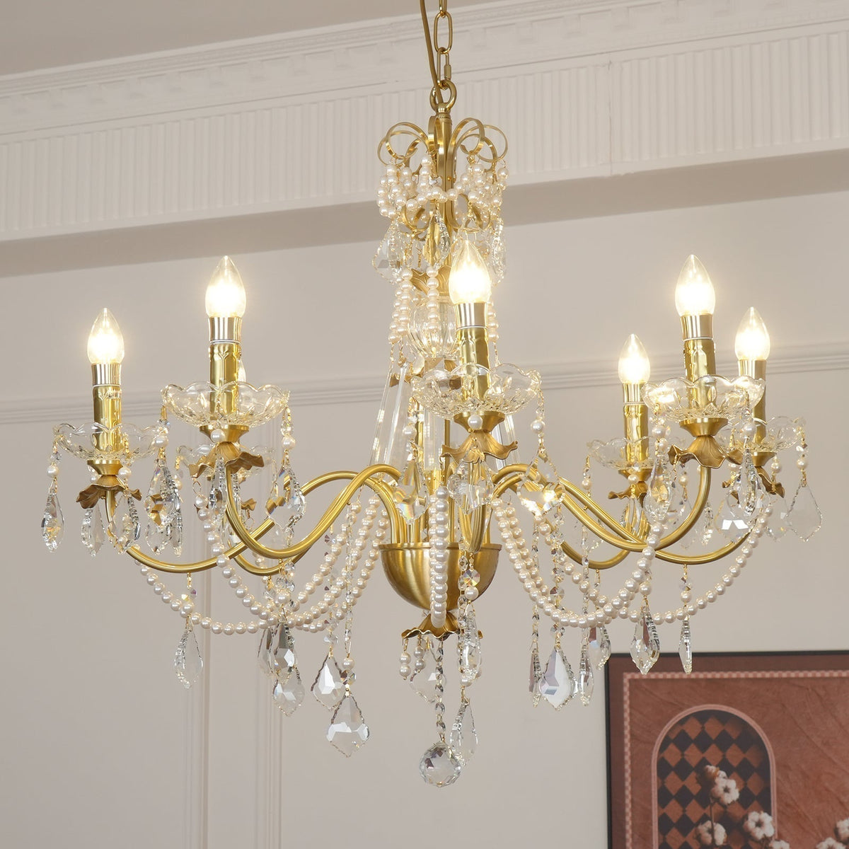 Chandelier Brass Body Crystal Pearl Drops Vintage Elegance-Neutral Decor