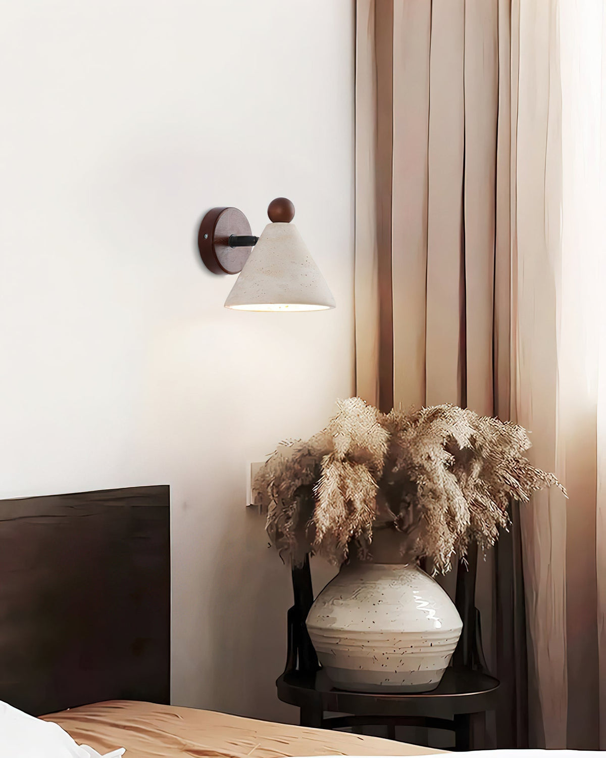 Side view of the Tiber Wall Light, showing the wooden mount and cone shade.