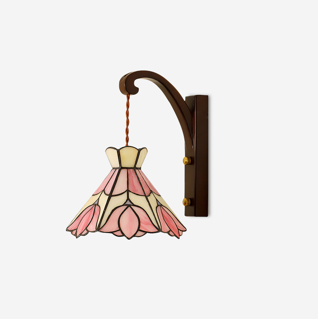 Wall Lamp Wood Body Tiffany Glass Shade Pink Floral Vintage Art-Neutral Decor