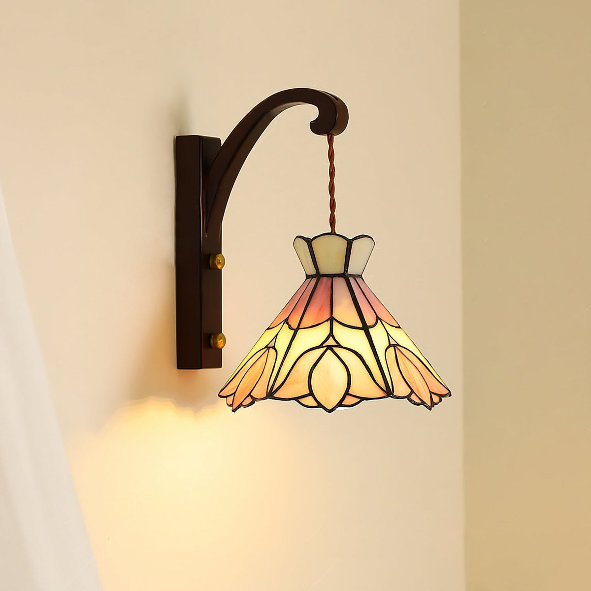 Wall Lamp Wood Body Tiffany Glass Shade Pink Floral Vintage Art-Neutral Decor