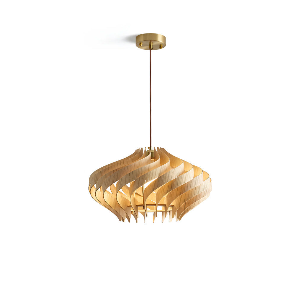 Serentia Pendant Light in a natural wood finish, showcasing its wave-like design.