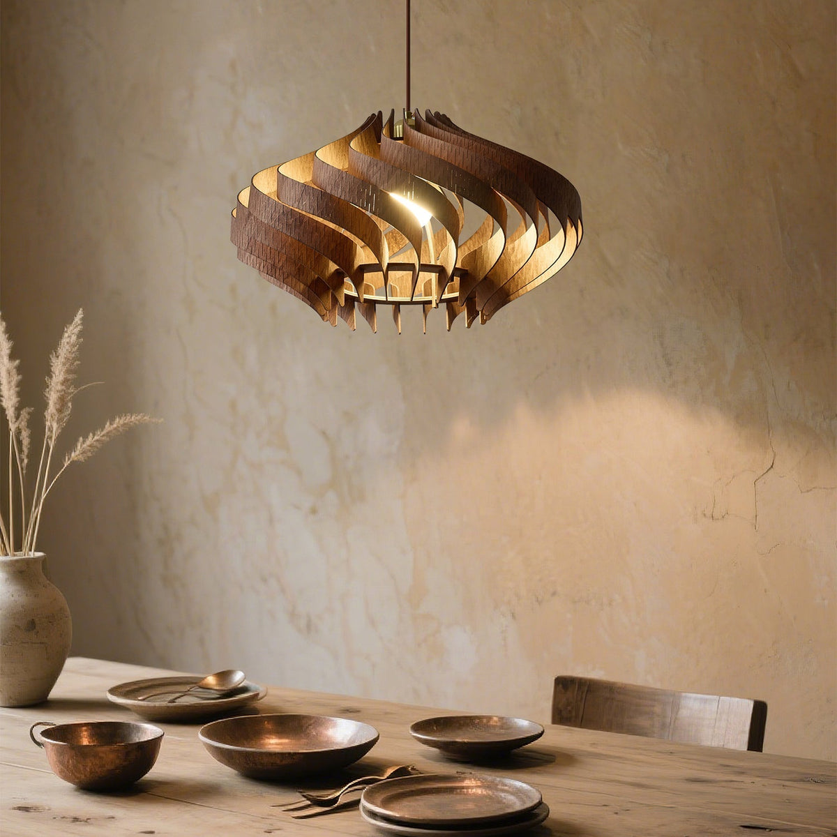 Close-up view of the intricate wooden slats of the Serentia Pendant Light.