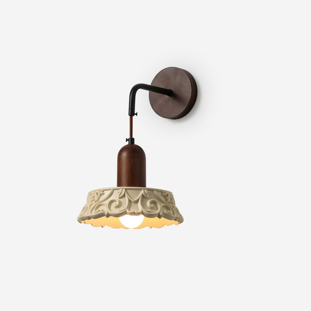 Wall Lamp with Carved Resin Shade Walnut Wood Arm Vintage-Neutral Decor