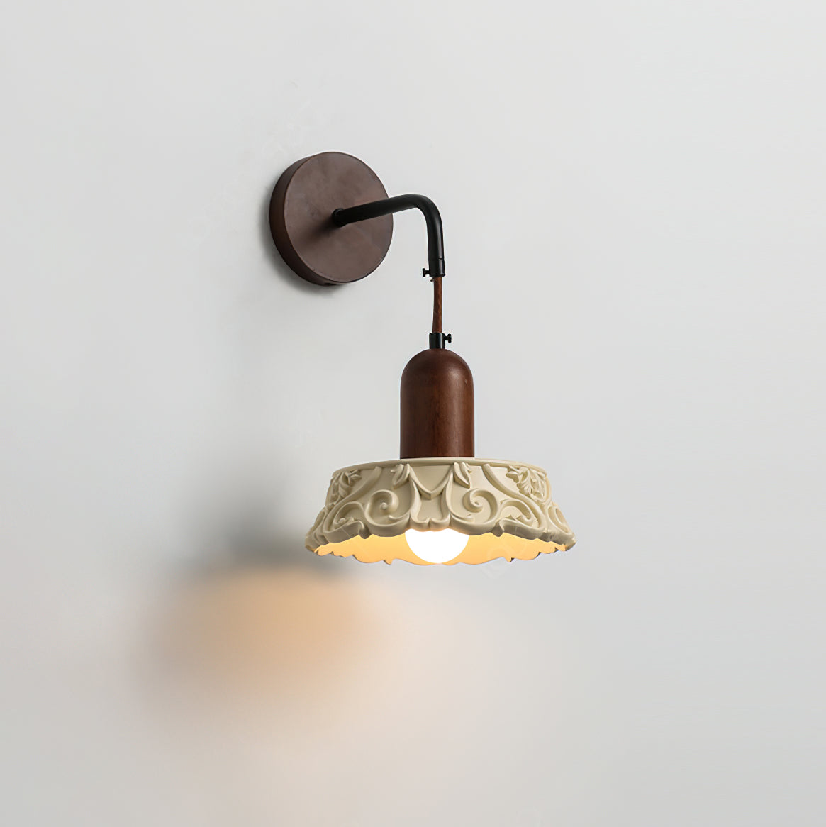Wall Lamp with Carved Resin Shade Walnut Wood Arm Vintage-Neutral Decor