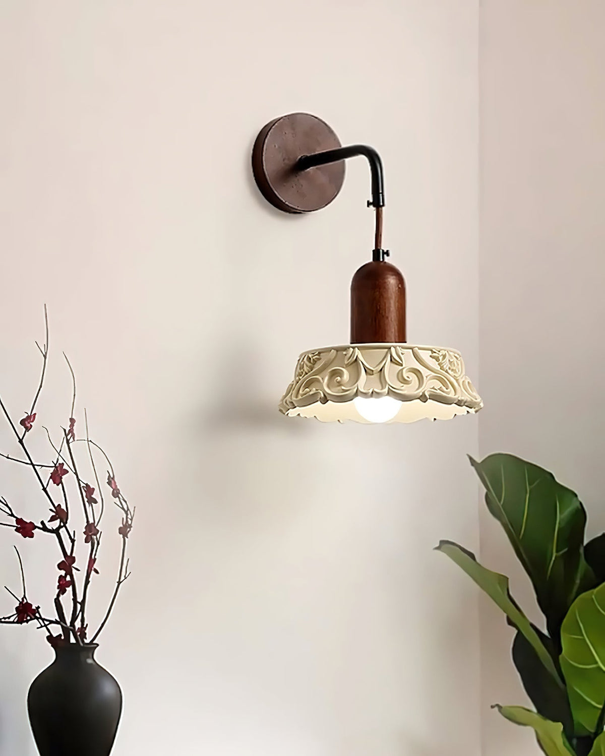 Wall Lamp with Carved Resin Shade Walnut Wood Arm Vintage-Neutral Decor