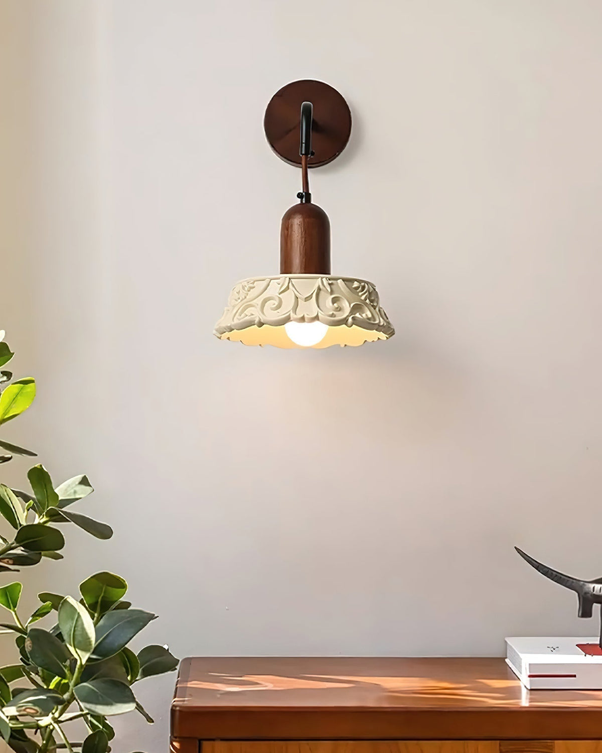 Wall Lamp with Carved Resin Shade Walnut Wood Arm Vintage-Neutral Decor