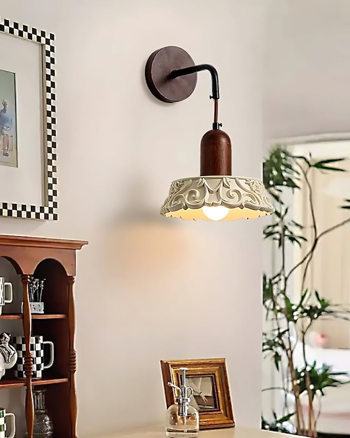 Wall Lamp with Carved Resin Shade Walnut Wood Arm Vintage-Neutral Decor