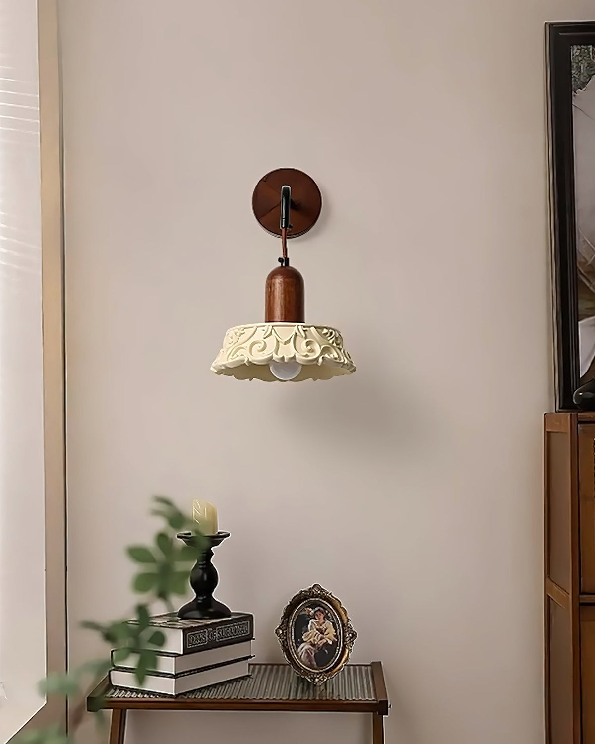 Wall Lamp with Carved Resin Shade Walnut Wood Arm Vintage-Neutral Decor