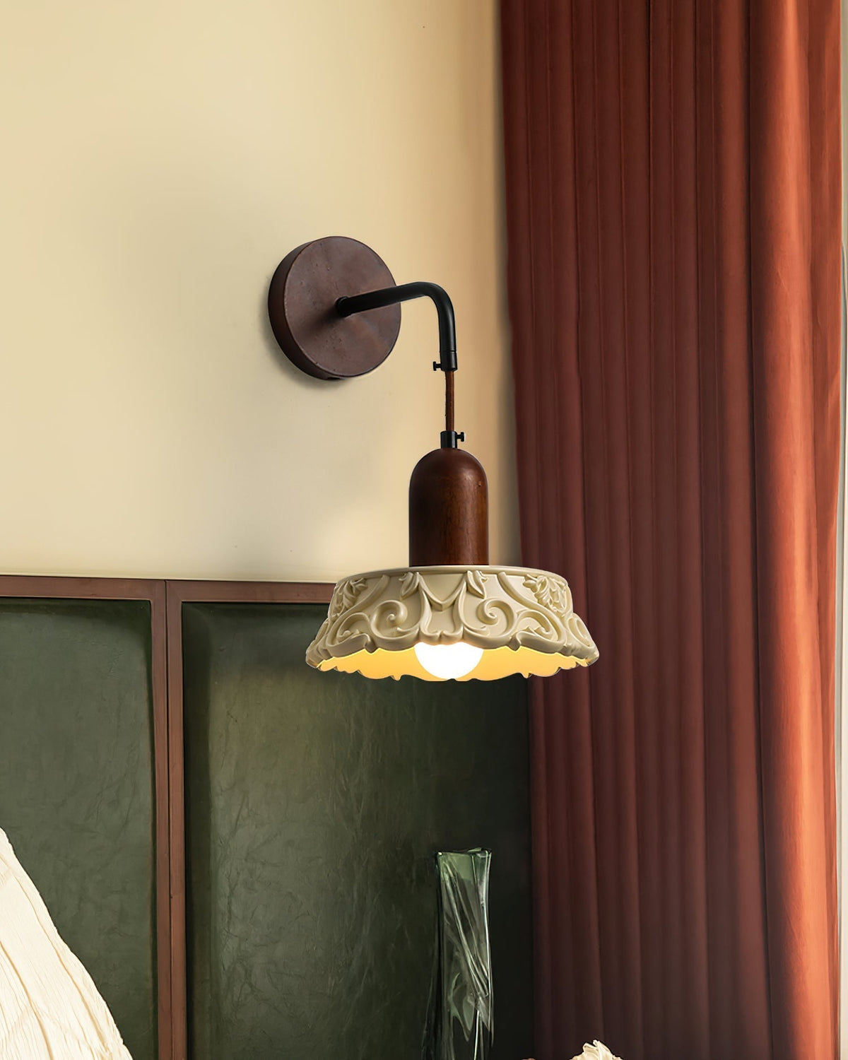 Wall Lamp with Carved Resin Shade Walnut Wood Arm Vintage-Neutral Decor