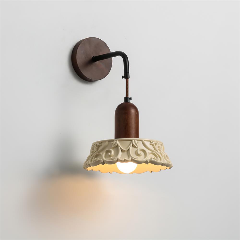 Wall Lamp with Carved Resin Shade Walnut Wood Arm Vintage-Neutral Decor