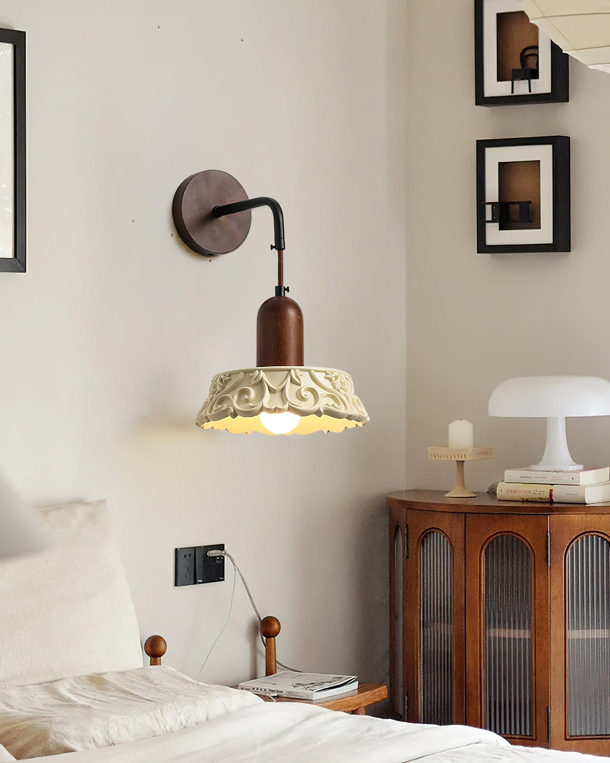 Wall Lamp with Carved Resin Shade Walnut Wood Arm Vintage-Neutral Decor