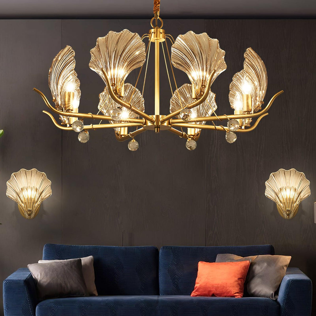 Veyrona Lustre Coquillage Cristal Feuille Cuivre