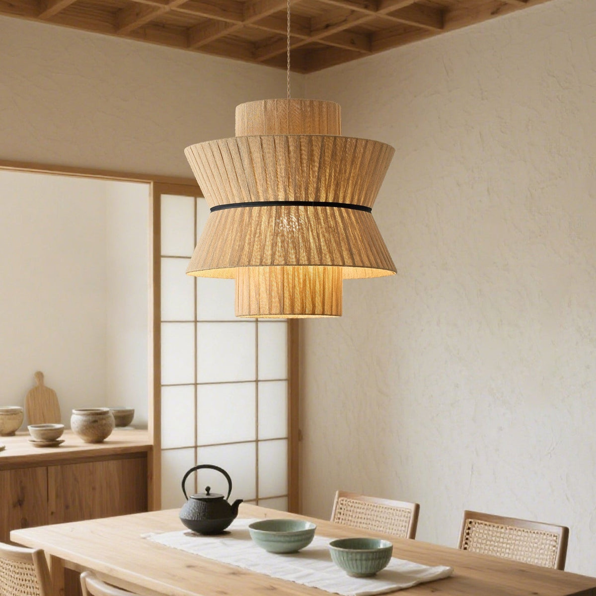 Close-up of the woven paper texture on the Sicel Pendant Light.