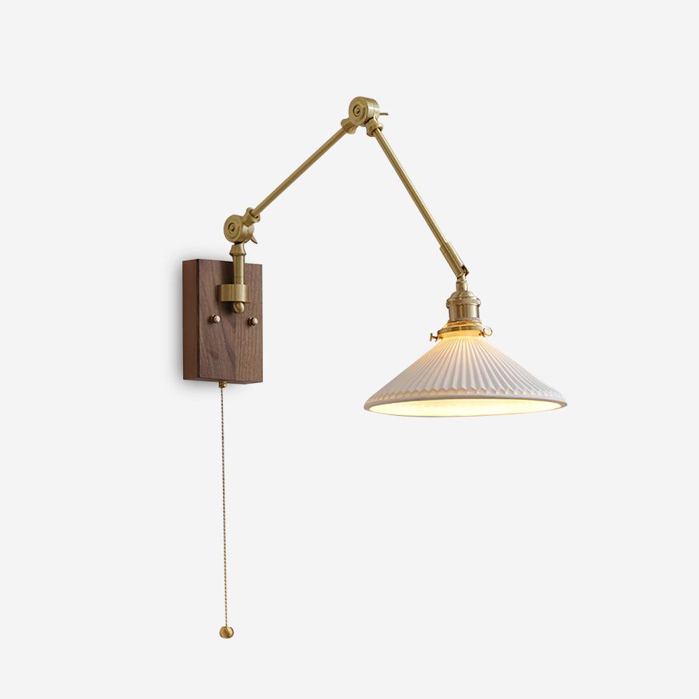 Wall Lamp Adjustable Arm Pleated Shade Walnut Base Vintage Task-Neutral Decor