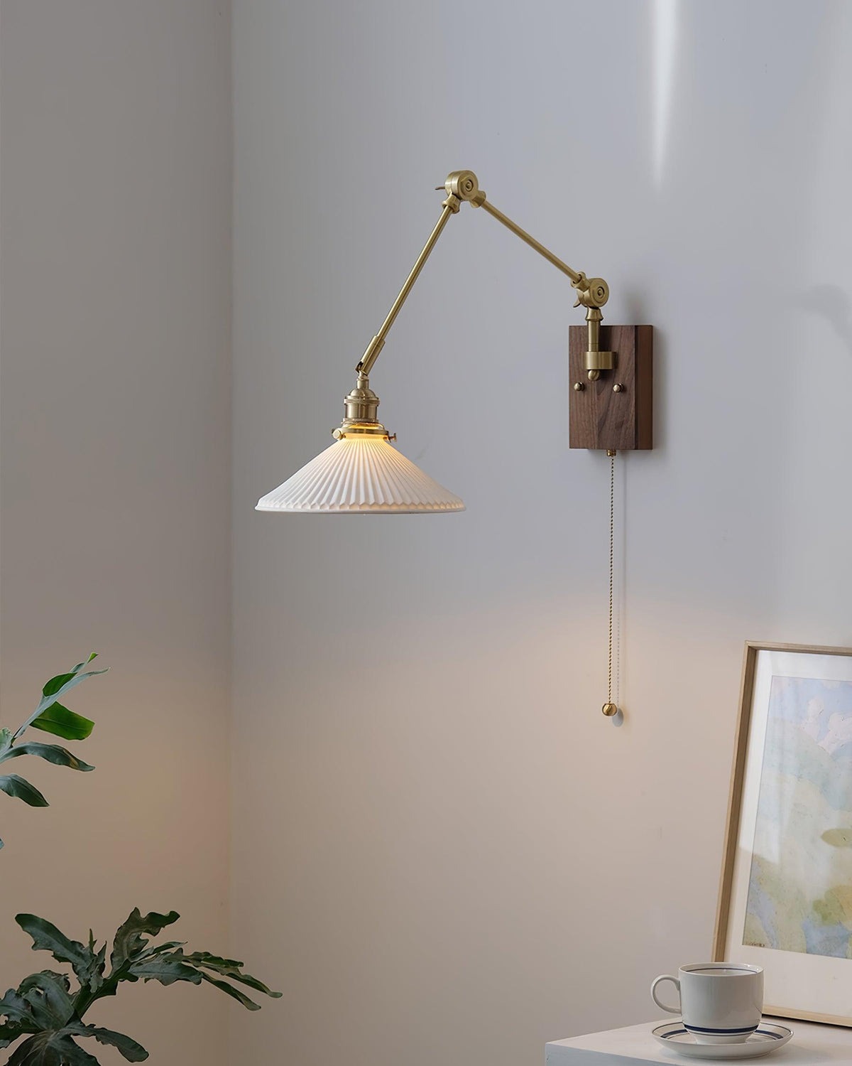 Wall Lamp Adjustable Arm Pleated Shade Walnut Base Vintage Task-Neutral Decor