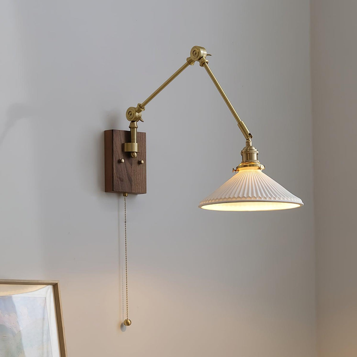 Wall Lamp Adjustable Arm Pleated Shade Walnut Base Vintage Task-Neutral Decor