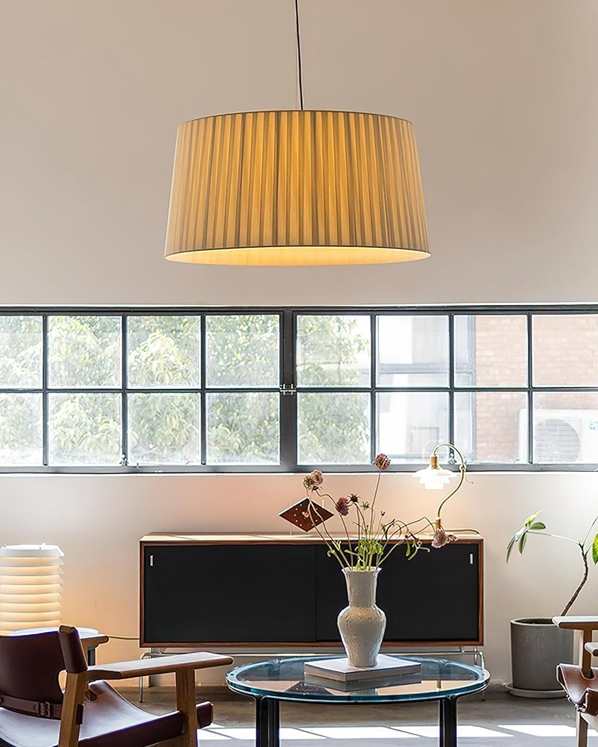 Pendant Light Pleated Fabric Drum-Neutral Decor