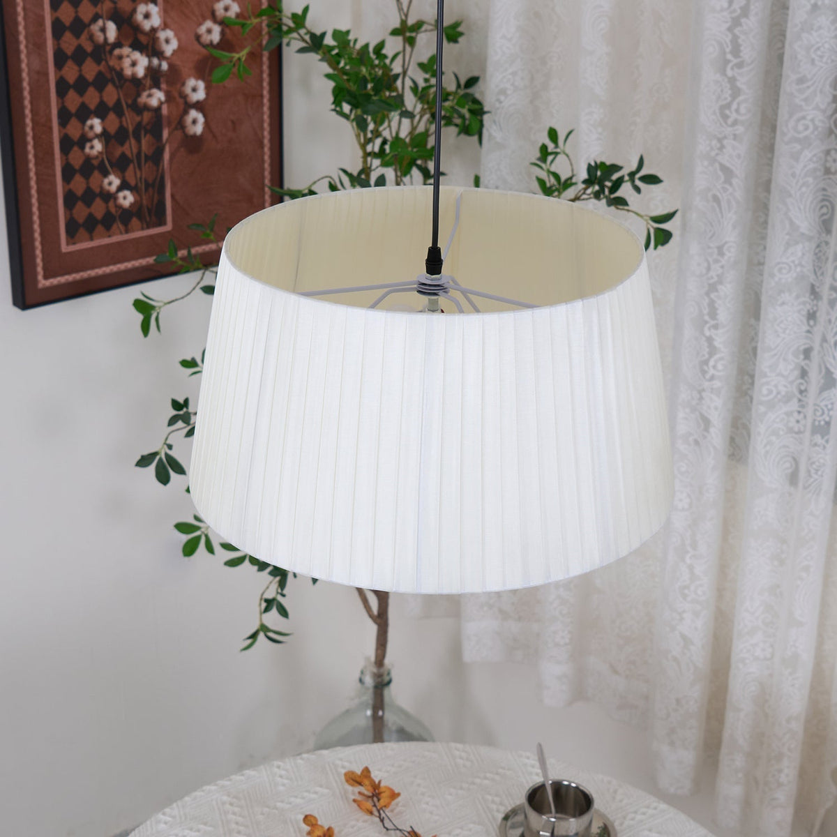 Pendant Light Pleated Fabric Drum-Neutral Decor