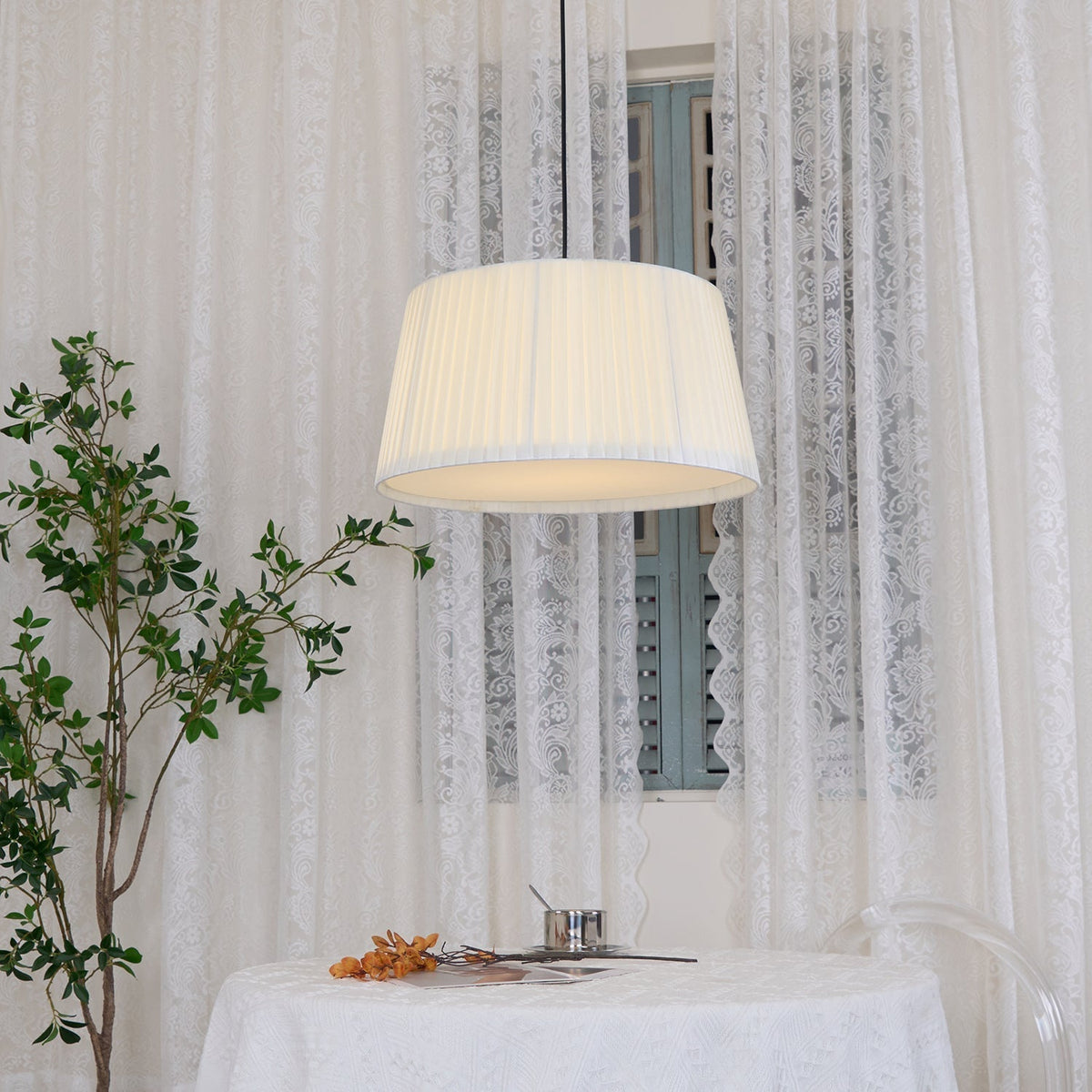 Pendant Light Pleated Fabric Drum-Neutral Decor