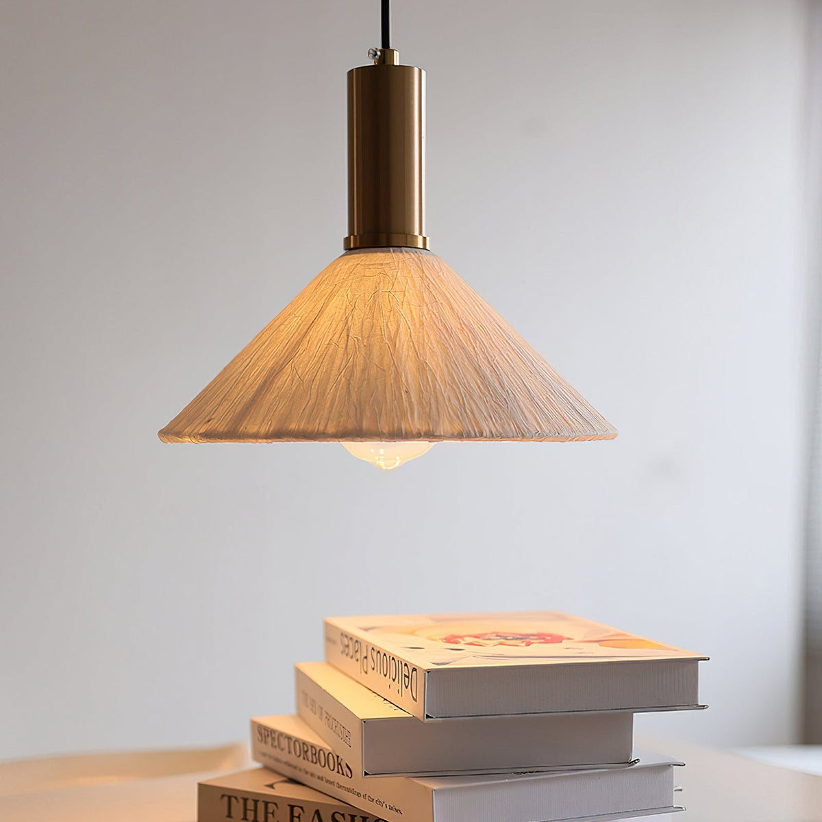 Close-up of the delicate, hand-crafted paper texture of the Siya Pendant Light.