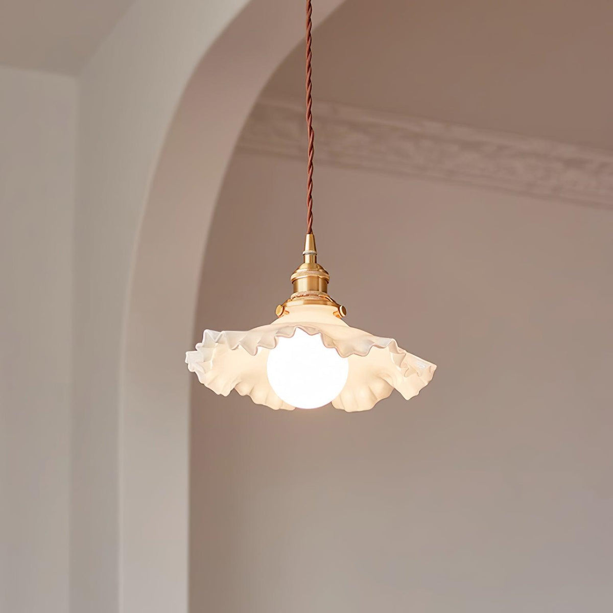 Pendant Lamp Glass Ruffle Shade Brass Warm Glow-Neutral Decor