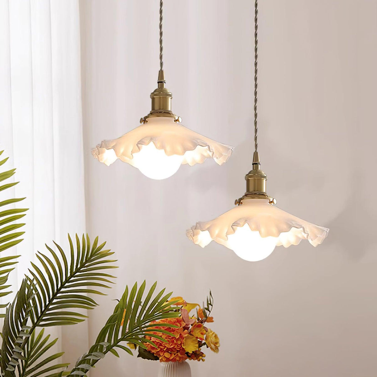 Pendant Lamp Glass Ruffle Shade Brass Warm Glow-Neutral Decor