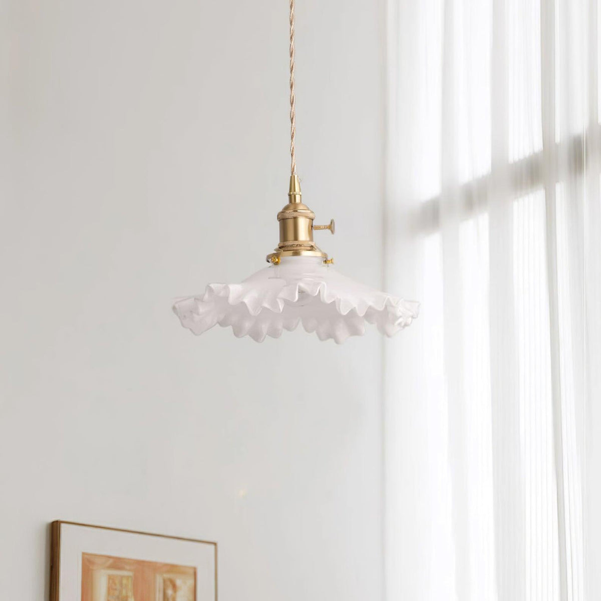 Pendant Lamp Glass Ruffle Shade Brass Warm Glow-Neutral Decor