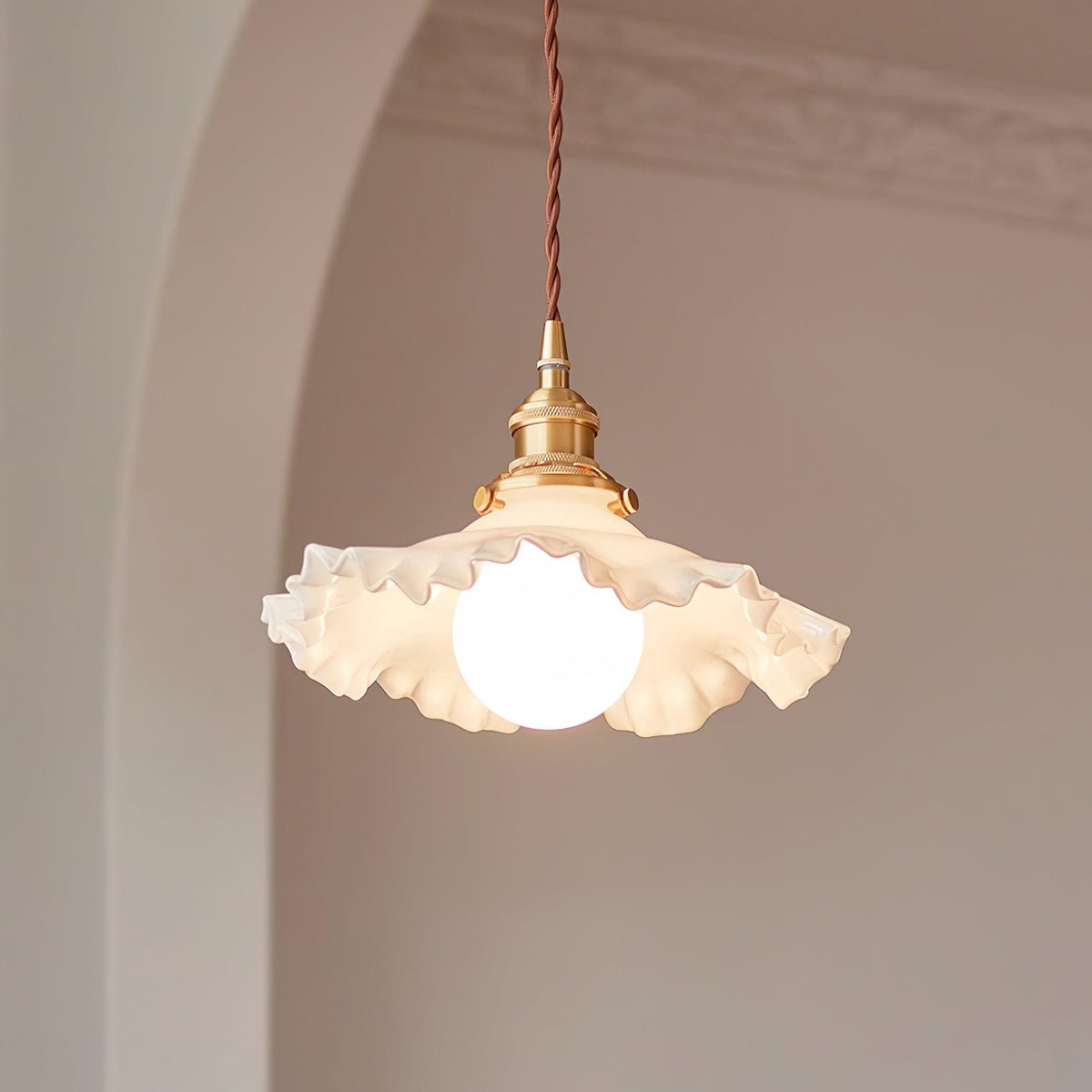 Pendant Lamp Glass Ruffle Shade Brass Warm Glow-Neutral Decor