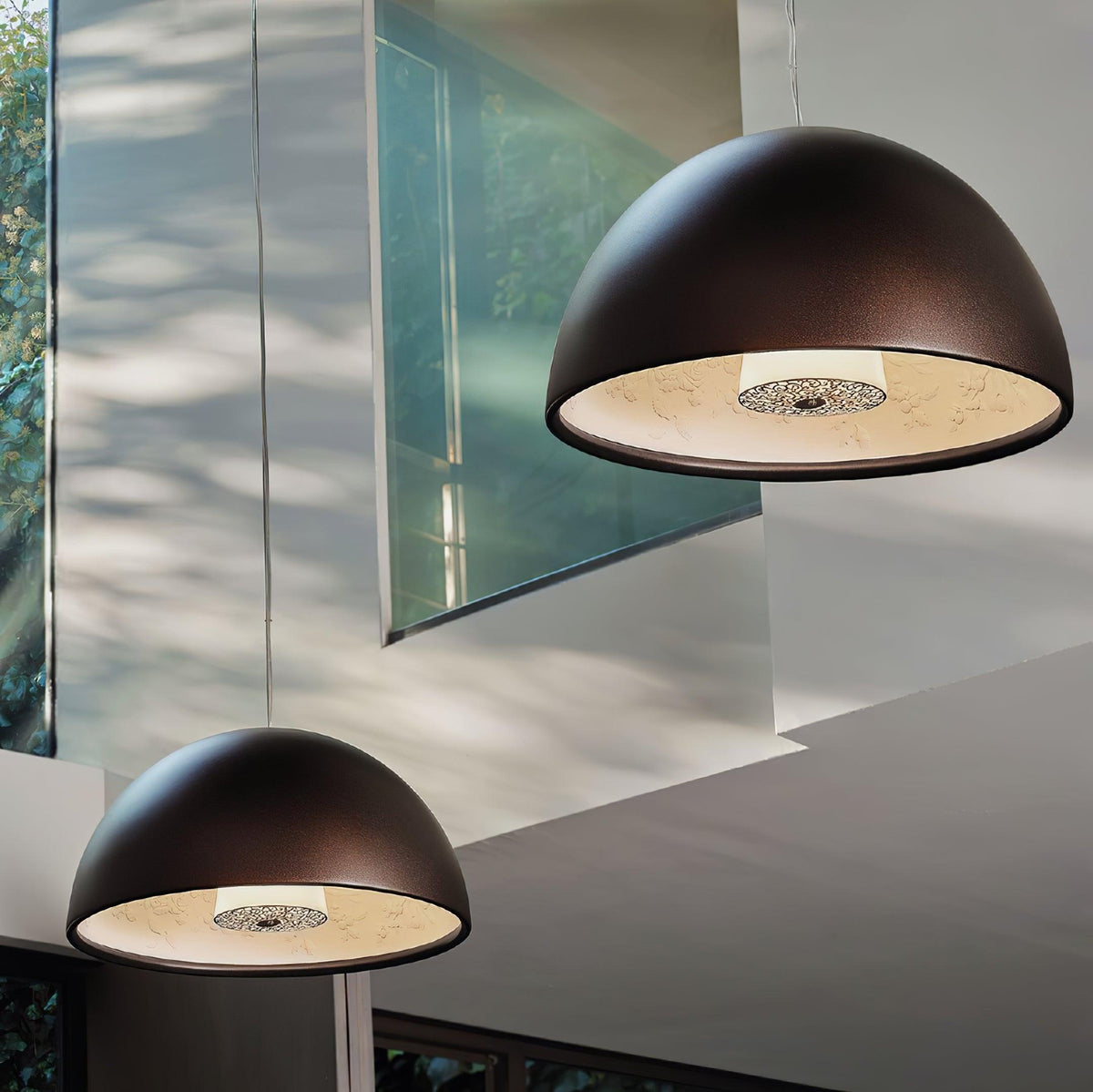 Pendant Lamp Black Dome with Embossed Plaster Interior Elegant-Neutral Decor