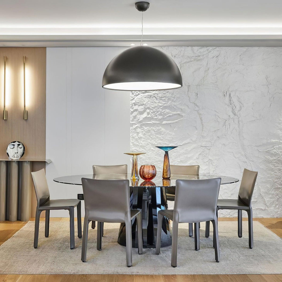Pendant Lamp Black Dome with Embossed Plaster Interior Elegant-Neutral Decor