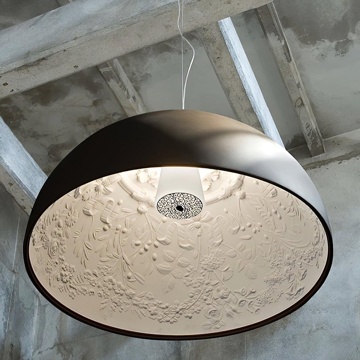 Pendant Lamp Black Dome with Embossed Plaster Interior Elegant-Neutral Decor