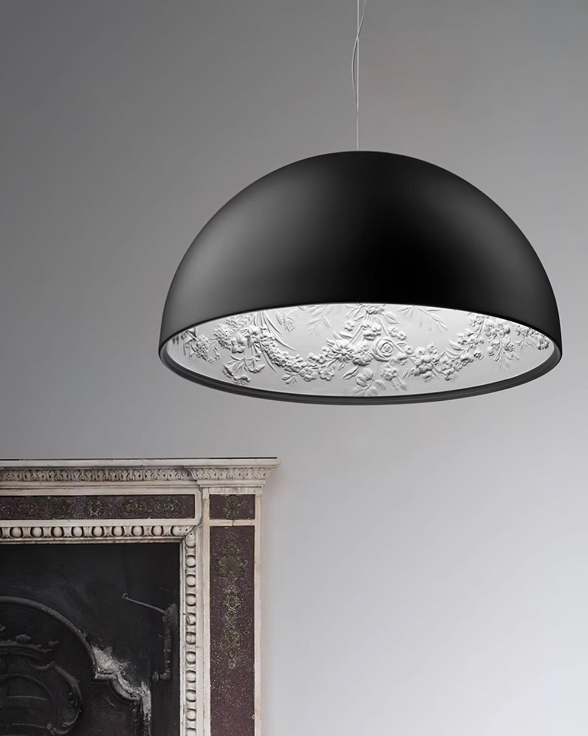 Pendant Lamp Black Dome with Embossed Plaster Interior Elegant-Neutral Decor