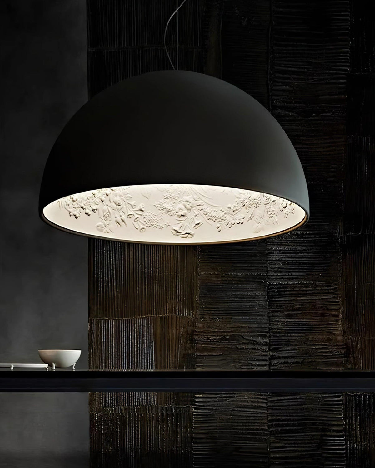 Pendant Lamp Black Dome with Embossed Plaster Interior Elegant-Neutral Decor
