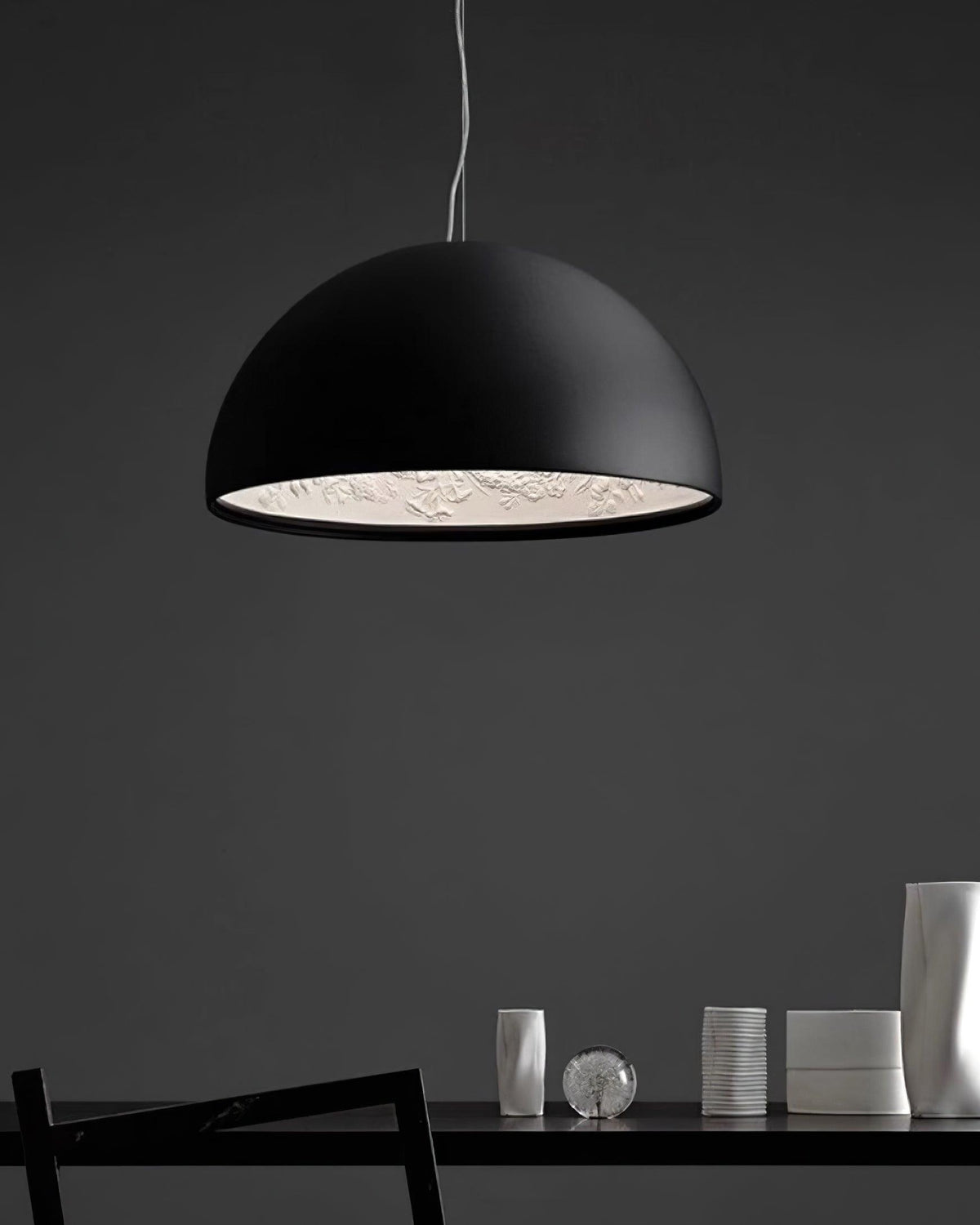 Pendant Lamp Black Dome with Embossed Plaster Interior Elegant-Neutral Decor