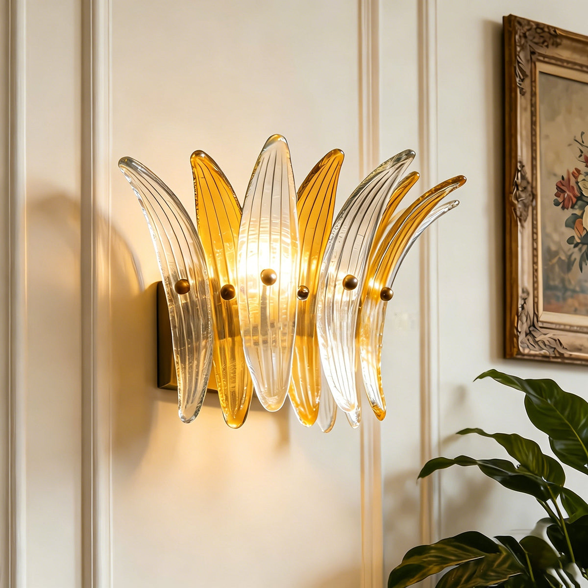 Close-up of the ribbed glass texture on the Smeralda Wall Sconce.