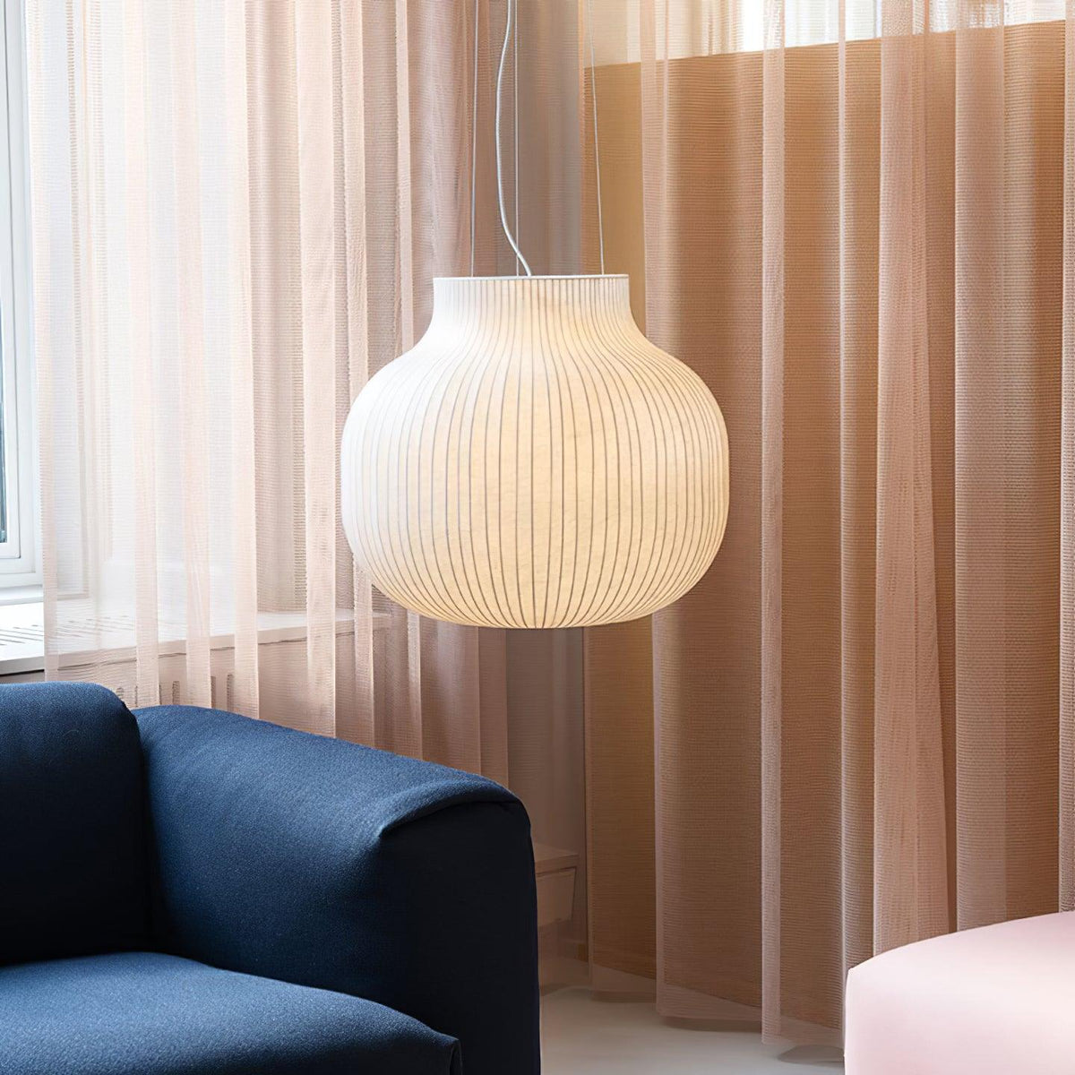 Pendant Light Silk Bell Shade Pleated Curved Modern Minimalist-Neutral Decor