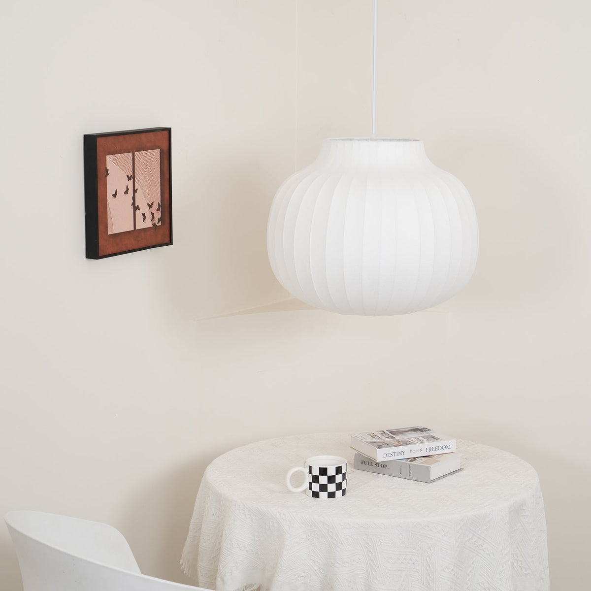 Pendant Light Silk Bell Shade Pleated Curved Modern Minimalist-Neutral Decor