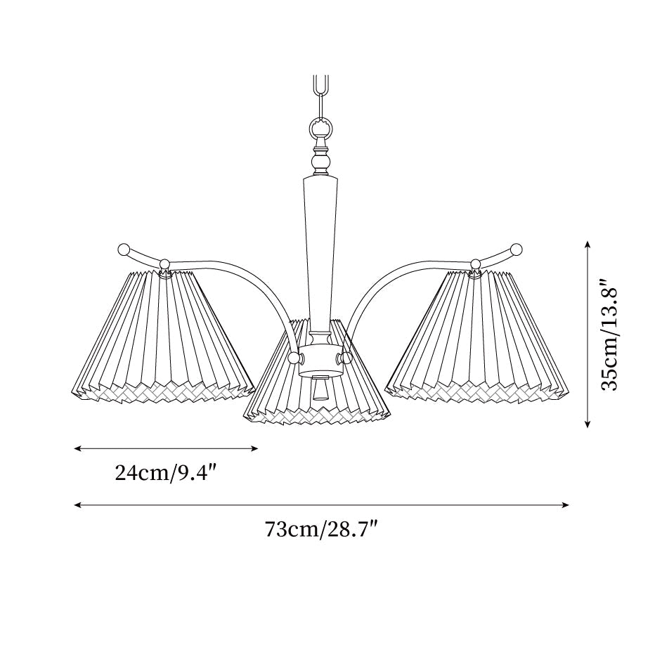 Chandelier Pleated Fabric Shades Walnut Brass Arms Warm Retro-Neutral Decor